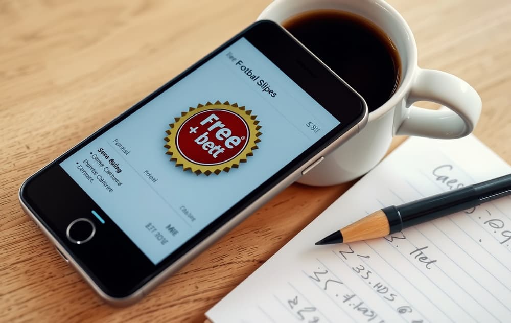 Smarttelefon med et gratisspill på en oddskupong, kaffekopp og notatblokk med oddsutregninger
