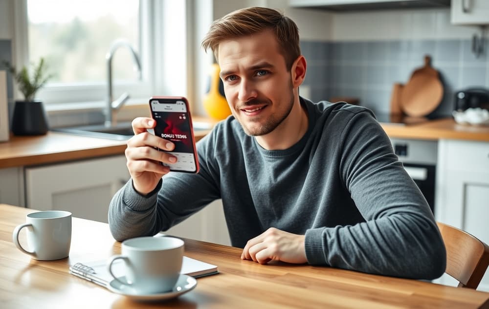Norsk mann som leser bonusvilkår på mobilen med notatblokk og kalkulator på kjøkkenbordet