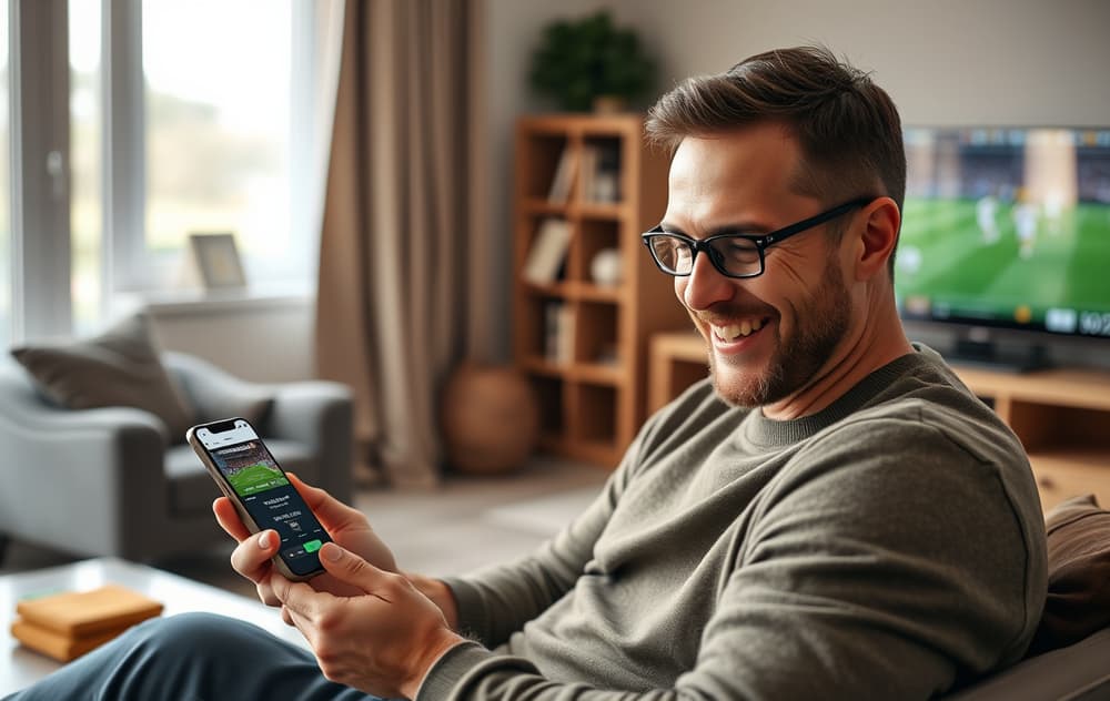 Norsk spiller som ser på velkomstbonus på mobilen mens fotballkamp går på TV