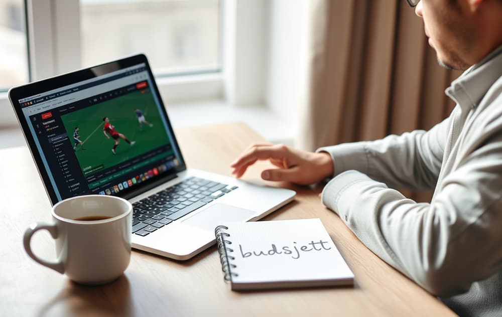 Person som sitter ved et skrivebord og ser på odds på en laptop, med en notatblokk og kaffekopp – rolig og kontrollert betting