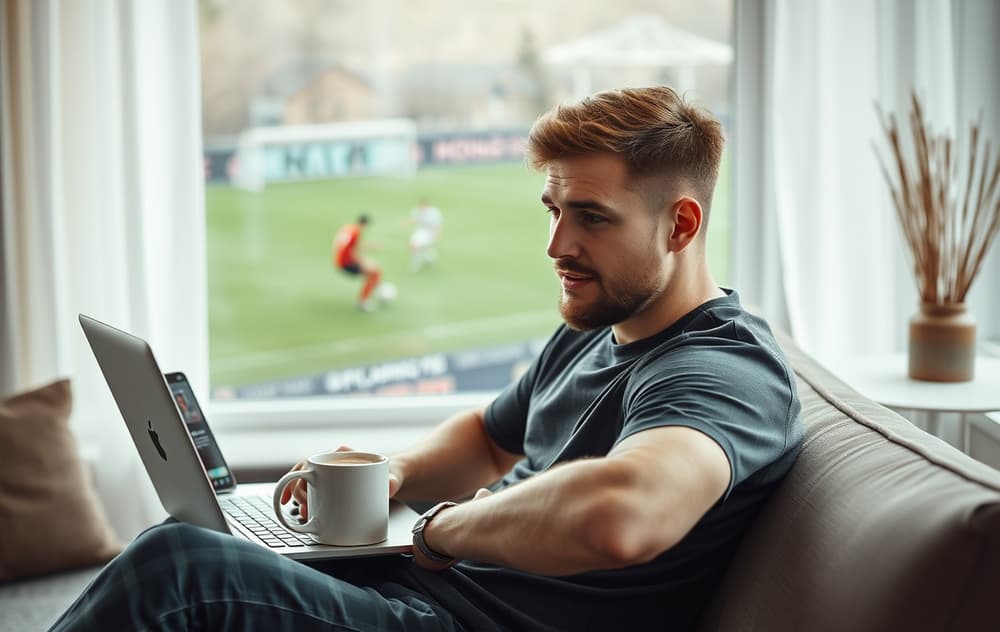Norsk spiller som analyserer Asian handicap-odds på pc og mobil under en fotballkamp.