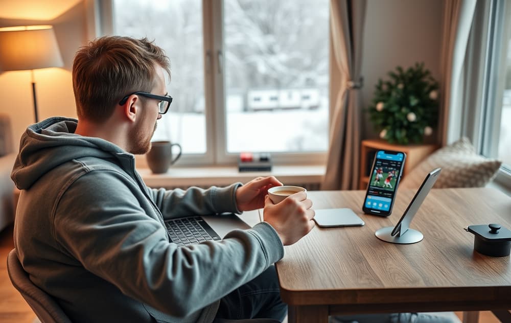 Norsk person som tipper på fotballodds via laptop og mobil i en stue