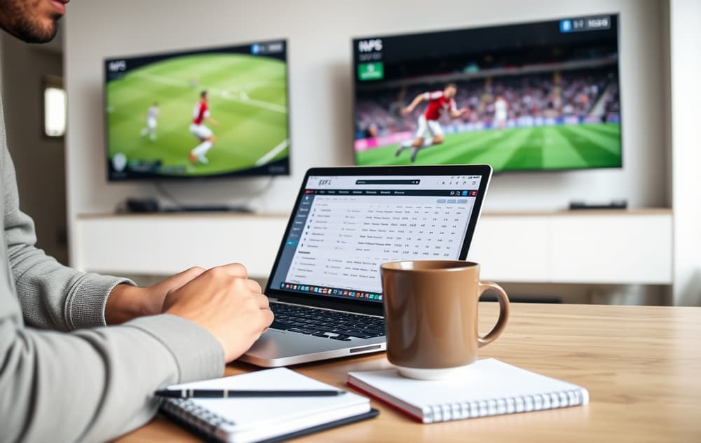 En person som analyserer odds for fotballkamper på en laptop.