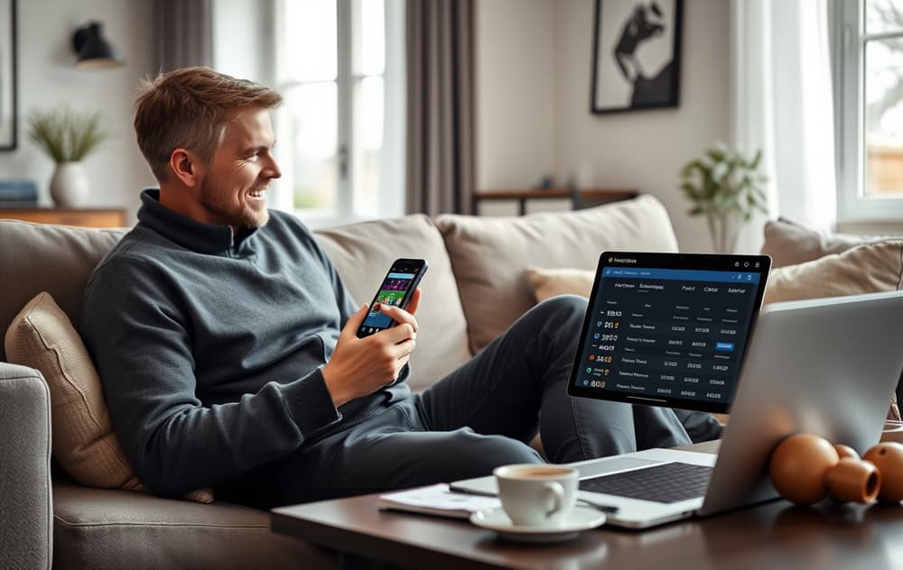 Person som sammenligner odds på mobil og laptop i en moderne stue
