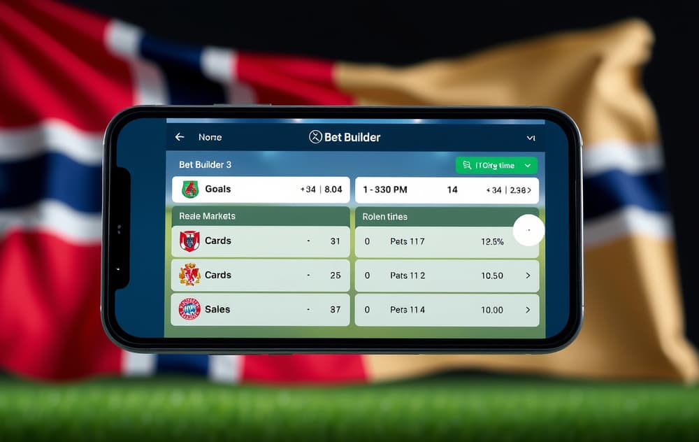Smarttelefon med oddsbygger-grensesnitt for en fotballkamp, med utvalgte markeder og odds.
