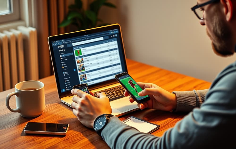 En person som sammenligner odds på en bærbar PC og mobiltelefon.