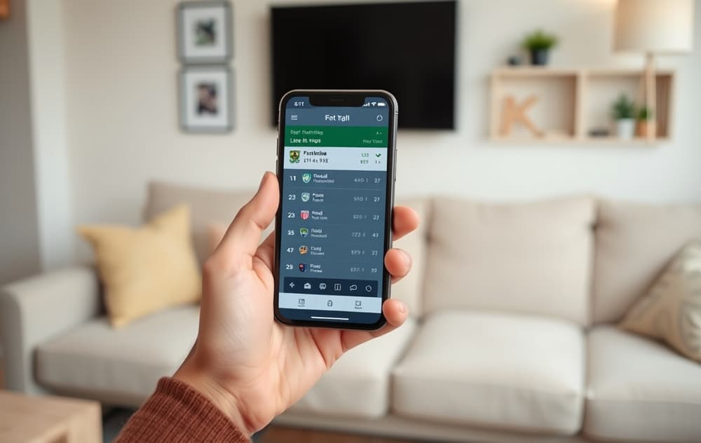 Person som tipper på mobilen med en fotballkamp på skjermen