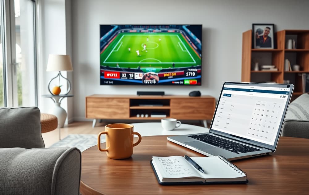 Bilde av en stue med TV som viser live-fotball, mobil og laptop med live odds, og en notatbok.