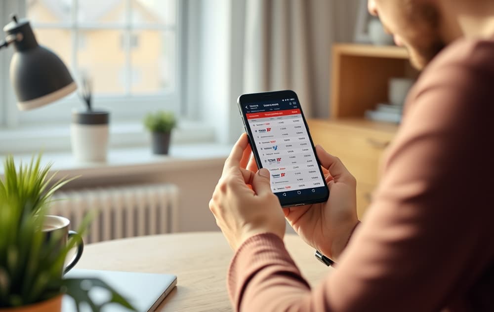 Person som sammenligner bettingsider på mobiltelefon med kopp kaffe på bordet