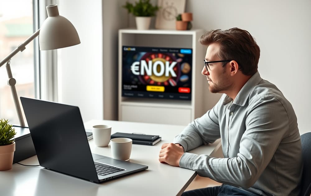 En person som sammenligner casinoer på en laptop med MGA-lisens og norske kroner synlig på skjermen.