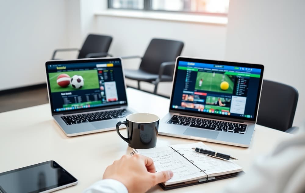 Person som sammenligner to bettingsider på to bærbare datamaskiner med sportsutstyr på skrivebordet
