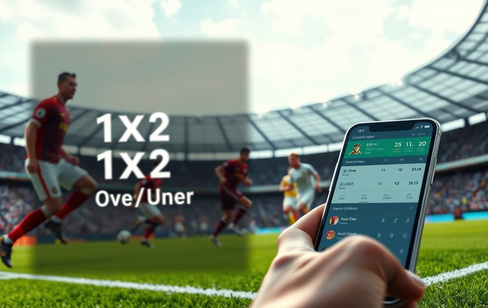 Fotballkamp med betting-odds og smarttelefon med live-betting
