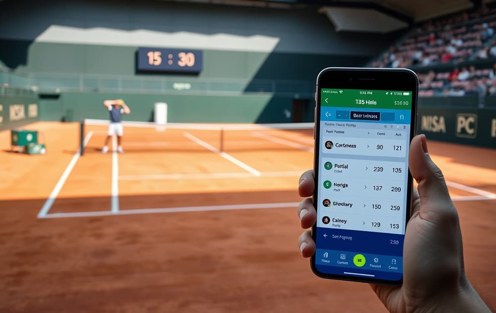 Tennisspiller serverer på grusbane med odds og mobiltelefon i bildet
